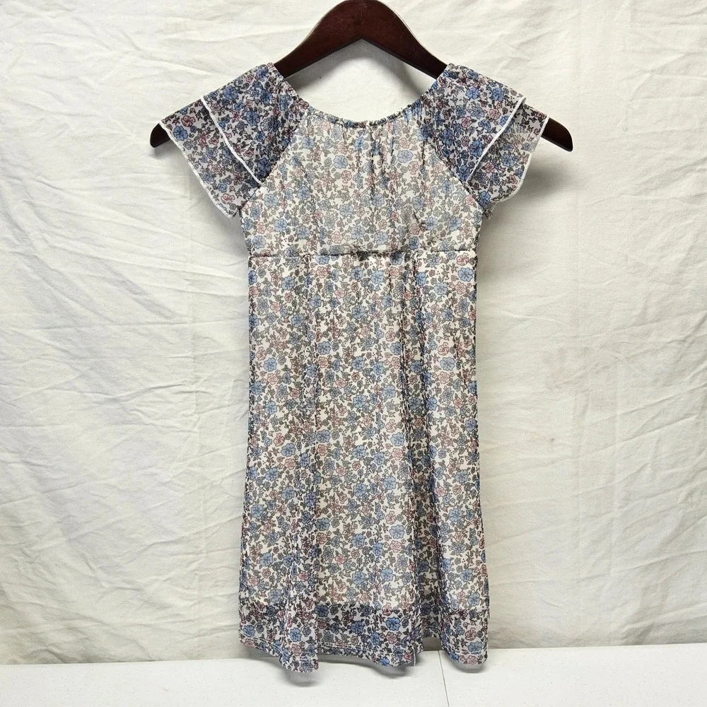 Sweet Butterfly Floral Mesh Dress Girl S 7/8 White Pink Blue Flutter Sleeve Boho